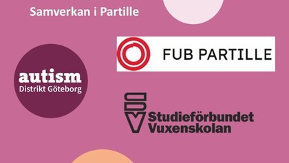 Logotyper för Autism Distrikt Göteborg, FUB Partille och Studieförbundet Vuxenskolan på rosa bakgrund.