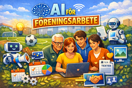 Illustration av människor och robotar som samarbetar med AI för föreningsarbete på en fotbollsplan.