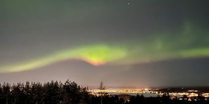 Norrsken lyser upp natthimlen över en stad med snötäckta träd i förgrunden.