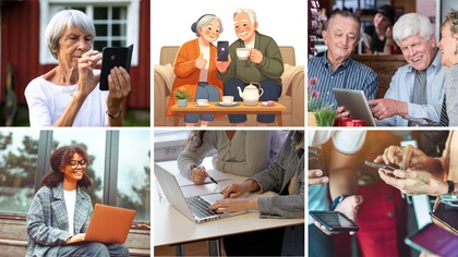 Sex bilder visar människor i olika åldrar som använder digitala enheter som mobil, surfplatta och laptop.