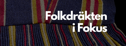 Närbild av ett randigt tyg i blått, rött, gult och vitt med texten 'Folkdräkten i Fokus' ovanpå.