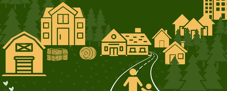 Illustration av en lantlig by med hus, ladugård, skog, väg och två personer, samt stad i bakgrunden.