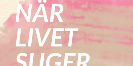 Textaffisch med information om en digital samtalsgrupp för personer med psykisk ohälsa. Rosa och beige bakgrund.