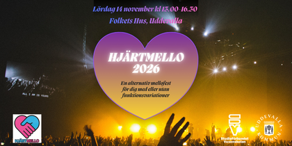 Affisch för HjärtMello 2026 med hjärta, konsertpublik och information om evenemanget i Uddevalla.