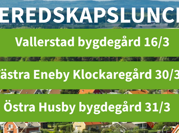 Affisch med information om beredskapsluncher i olika bygdegårdar, över en vy av ett villaområde.