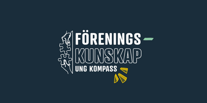 Logotyp med texten 'Föreningskunskap Ung Kompass', pusselbitar och kompassnålar på mörkblå bakgrund.