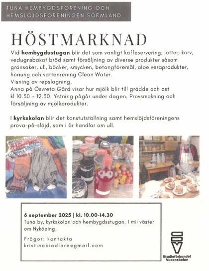 Affisch för höstmarknad med information om aktiviteter, försäljning och bilder på hantverk och bakverk.