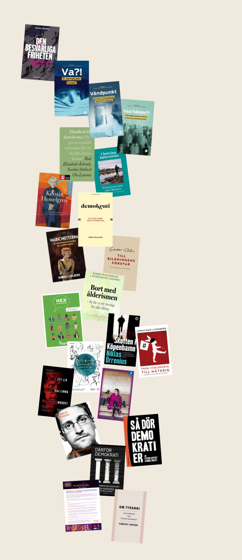 En samling svenska bokomslag i olika färger, arrangerade i en lös vertikal rad mot beige bakgrund.