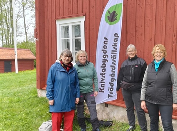 Fyra kvinnor står utomhus framför en röd träbyggnad och en flagga med texten 'Knivtabygdens Trädgårdssällskap'.