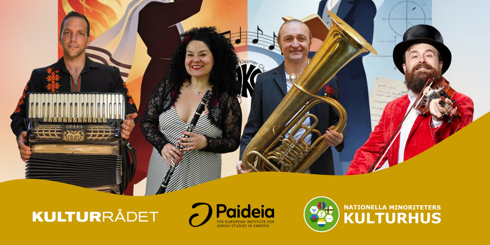 Fyra musiker med instrument framför färgglada illustrationer och logotyper för Kulturrådet, Paideia och Kulturhus.