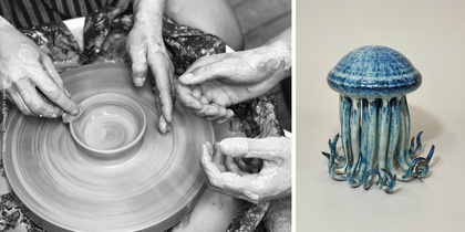 Tvådelad bild: till vänster händer som formar lera på drejskiva, till höger blå keramikskulptur som liknar en manet.