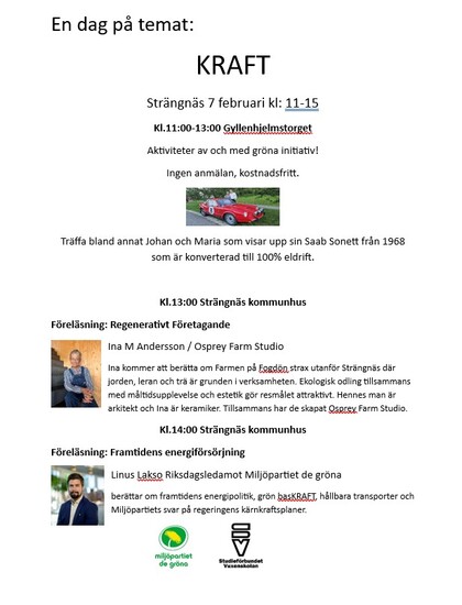 Affisch för temadagen KRAFT i Strängnäs med aktiviteter, föreläsningar och elbil, 7 februari kl 11-15.