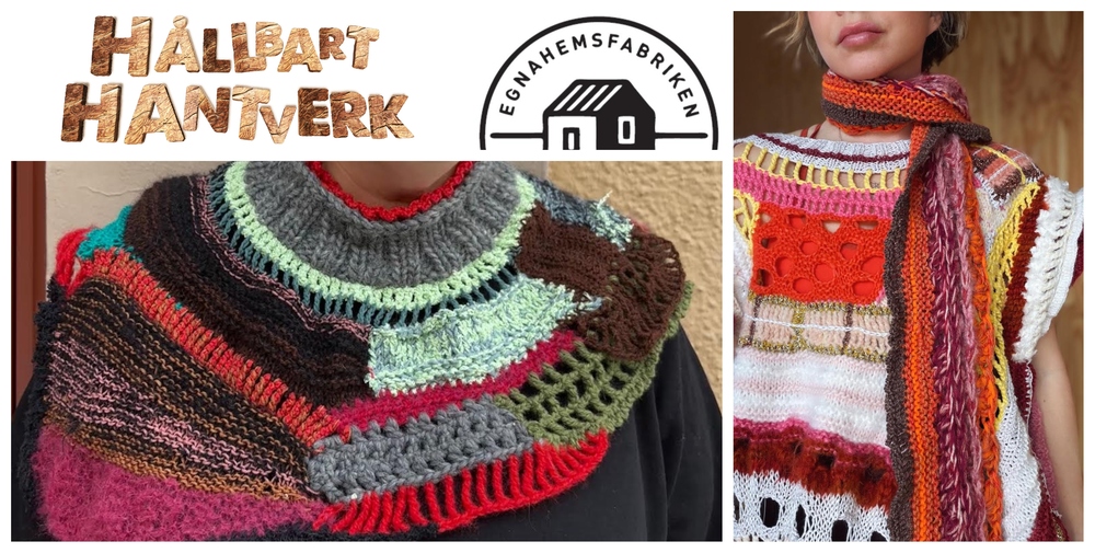 Två stickade plagg i färgglada mönster, logotyper för Hållbart Hantverk och Egnahemsfabriken.
