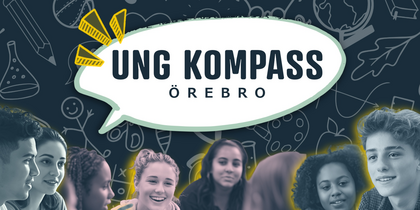 Illustration med pratbubbla och texten 'Ung Kompass Örebro', ungdomar sitter i grupp, ansikten är suddade.