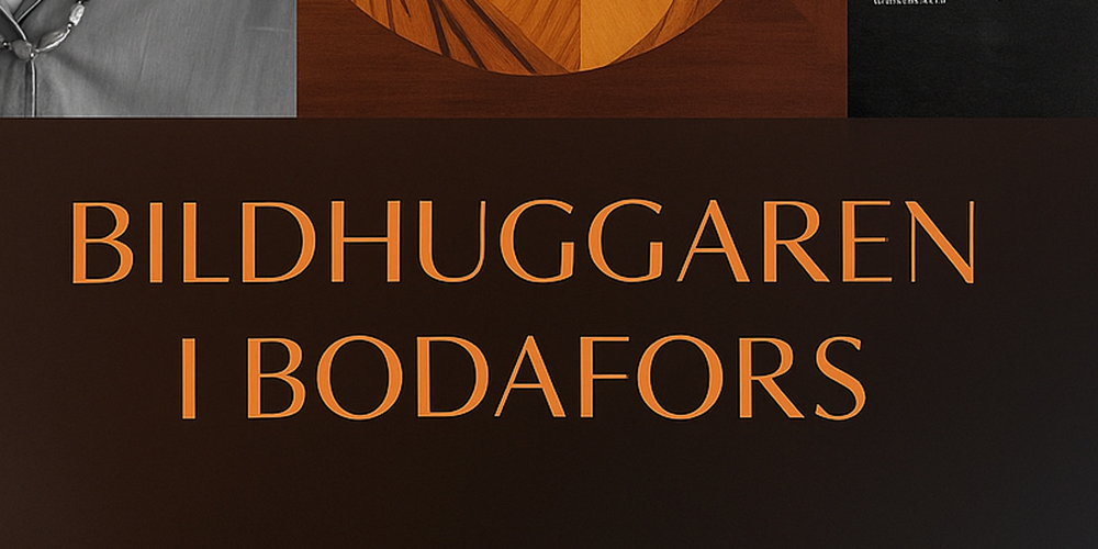 Bokomslag med titeln 'Bildhuggaren i Bodafors', svart och brunt tema, två personer och en trärelief.