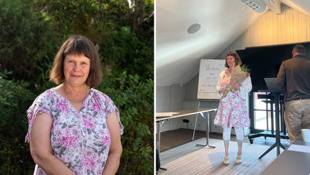 Två bilder: en kvinna i blommig klänning utomhus och samma kvinna inomhus med blommor vid en presentation.