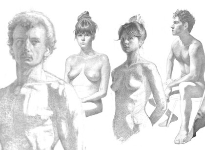 Blyertsteckningar av fyra nakna människokroppar, två män och två kvinnor, med ansiktena suddade.