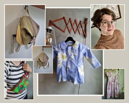 Collage med handgjorda väskor, kläder och en kvinna med glasögon och kort hår.