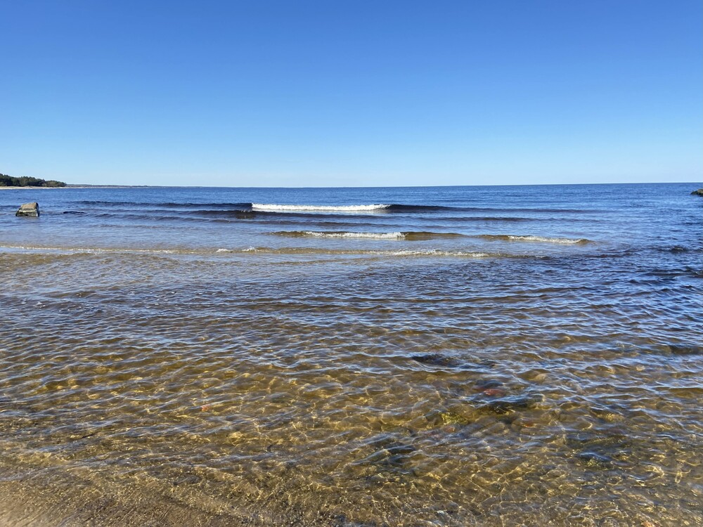 En klarblå himmel över ett lugnt hav med små vågor och grunt, klart vatten vid stranden.