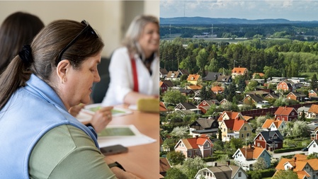 Tvådelad bild: till vänster personer i möte, till höger vy över villaområde med färgglada hus och grönska.