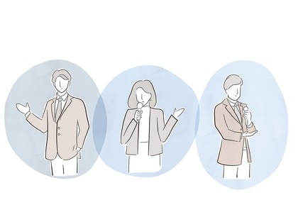 Illustration av tre personer i kostym, två män och en kvinna, som håller presentationer eller talar.