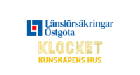 Logotyp för Länsförsäkringar Östgöta samt texten Klocket Kunskapens Hus i gult.