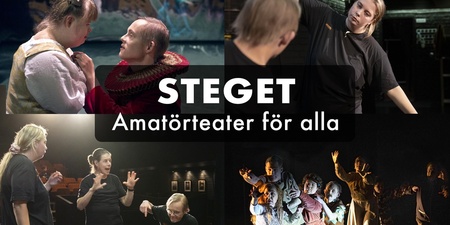 Affisch för amatörteater med personer på scen, texten 'Steget – Amatörteater för alla' och logotyper längst ner.