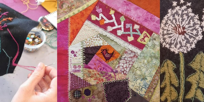 Tre bilder visar handbroderi: en hand som syr, ett färgglatt lapptäcke och broderade maskrosor på svart tyg.