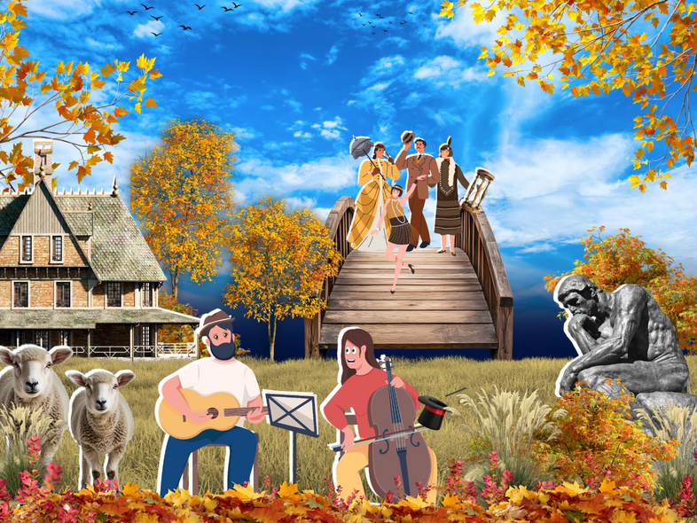 Illustration av höstlandskap med musiker, får, bro, staty och människor i retrokläder.