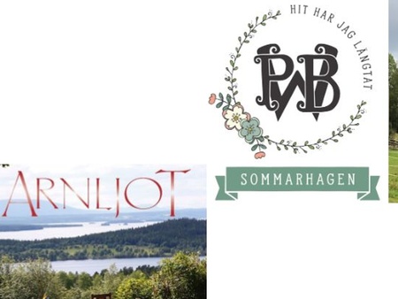 Kollage med logotyp, landskap med sjö och målare, samt röd trävilla på landet.