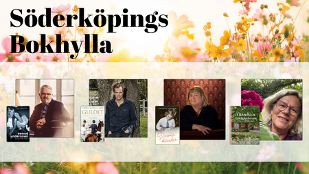 Affisch för Söderköpings Bokhylla med fyra författarporträtt, bokomslag och blommig bakgrund.