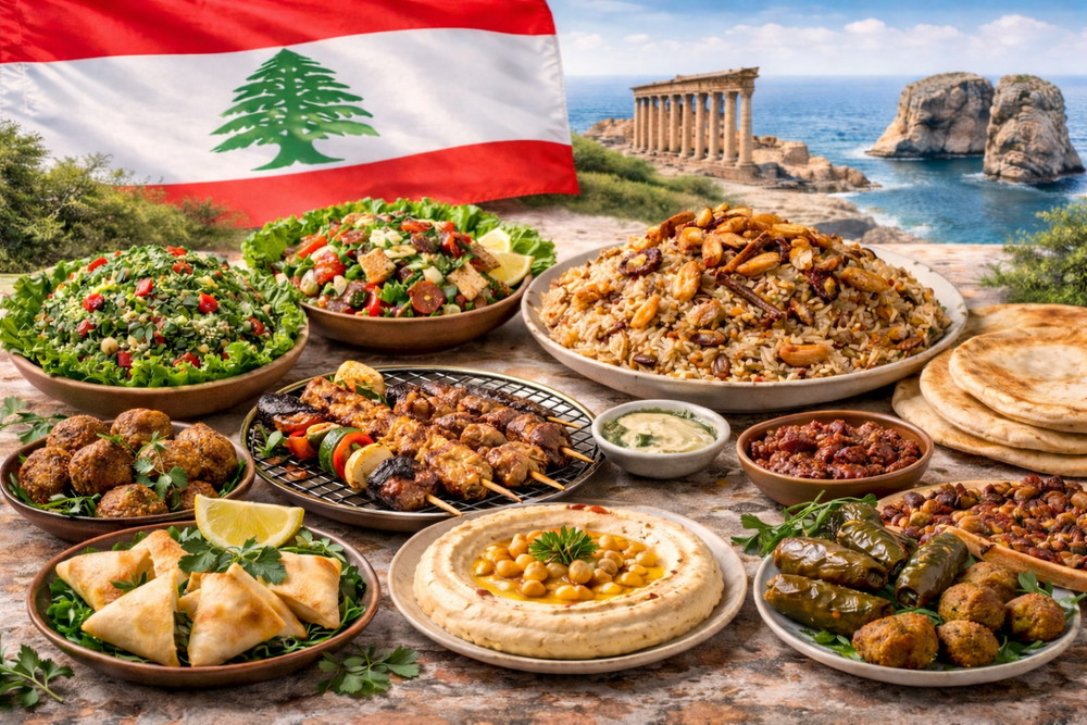 Ett bord med olika libanesiska maträtter, libanesiska flaggan och kustlandskap i bakgrunden.