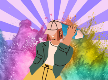 Illustration av en person med keps som kastar färgpulver, med färgglada explosioner och lila strålar i bakgrunden.