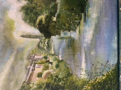 Målad landskapsbild med en flod, gröna träd, buskar och ett hus vid vattnet under en ljus himmel.