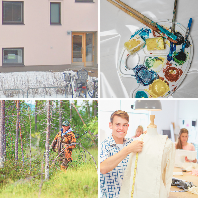 Fyra bilder: ett bostadshus med cyklar, en målarpalett med färg, en jägare i skogen och en person som mäter tyg på en provdocka.