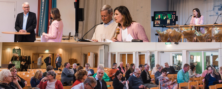 Ett collage av bilder från ett möte eller konferens i en sal med talare vid podiet och sittande publik.