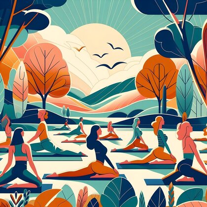 Illustration av människor som gör yoga utomhus i en färgglad naturmiljö med soluppgång och träd.