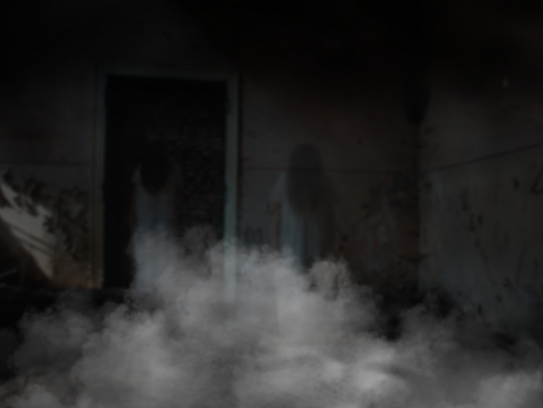 Två suddiga, spöklika gestalter står i ett mörkt, övergivet rum med dimma på golvet.