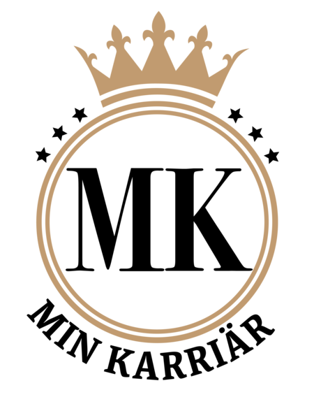 Logotyp med en gyllene krona, svarta bokstäver 'MK' och texten 'MIN KARRIÄR' under en cirkel med stjärnor.