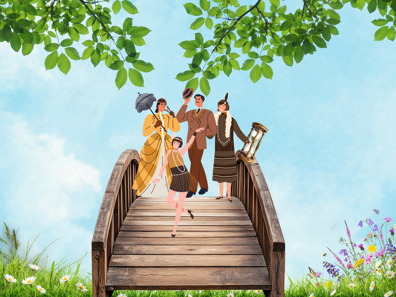 Fyra personer i 1920-talskläder står på en träbro i en blomstrande trädgård under gröna trädgrenar.