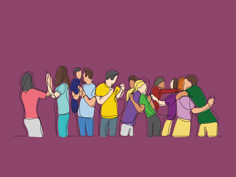 Illustration av en grupp människor som interagerar, kramas och pratar mot lila bakgrund.