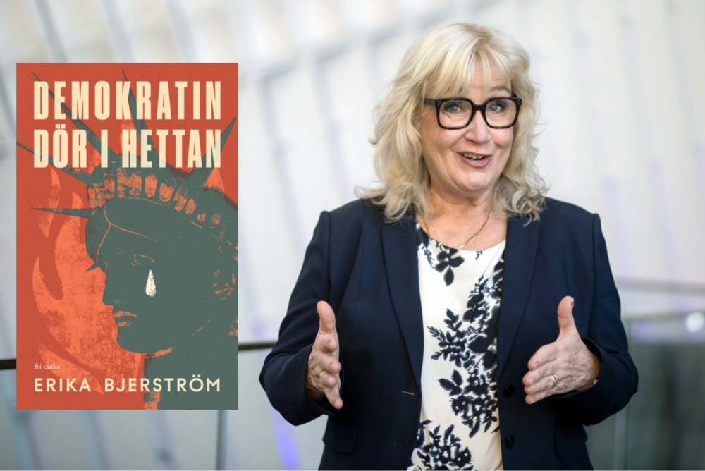 Kvinna i mörk kavaj gestikulerar bredvid bokomslag med texten 'Demokratin dör i hettan'.