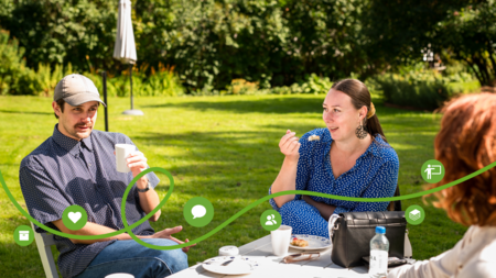 Tre personer sitter vid ett bord utomhus och fikar i en grön parkmiljö.