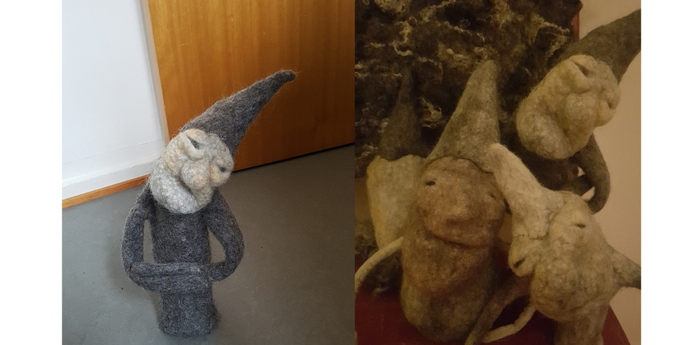 Två bilder på tovade tomtar med spetsiga hattar och ansikten, en ensam och tre tillsammans.