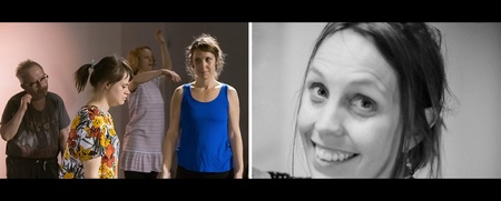 Tvådelad bild: till vänster fyra personer i grupp, till höger närbild på leende kvinna i svartvitt.