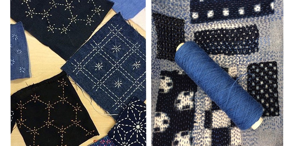 Två bilder visar indigofärgade tygbitar med broderade mönster och en blå trådrulle.