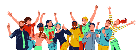 Illustration av en glad och mångsidig grupp människor som firar tillsammans med armarna i luften.