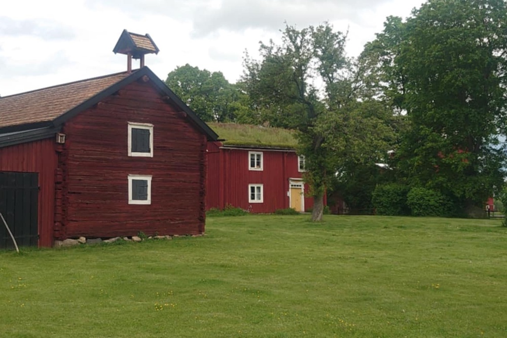 Två röda trähus på en grön gräsmatta med träd och molnig himmel i bakgrunden.