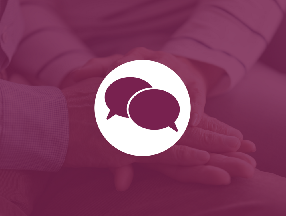 Två händer vilar på varandra med pratbubblor i en cirkel ovanpå bilden.