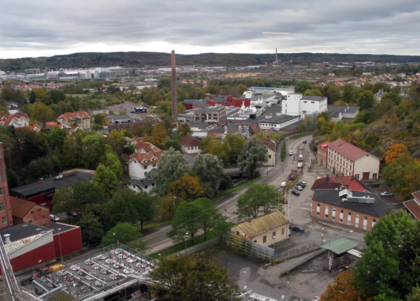 Vy över en småstad med hus, fabriker, vägar och grönska under en molnig himmel.